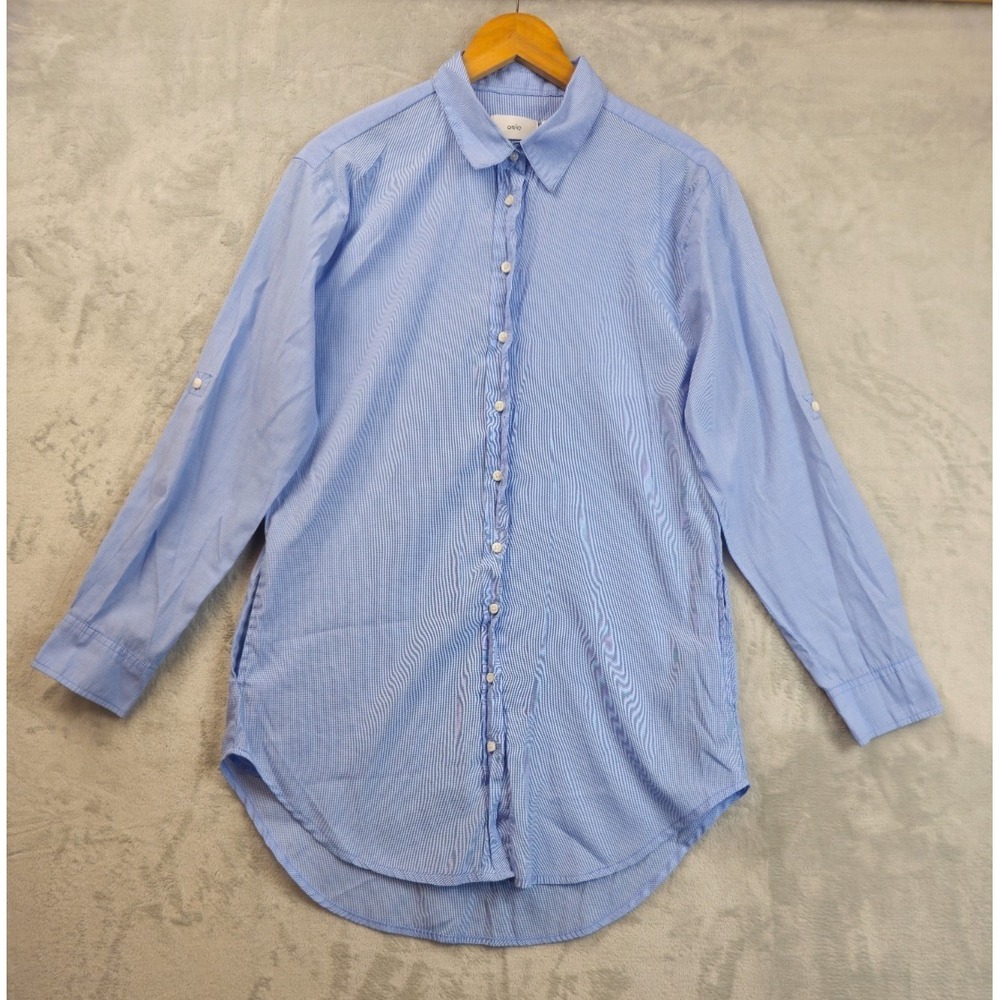 Onia Button Front Tunic Blouse Blue Micro Pattern Womens Small 2 Side Pocket